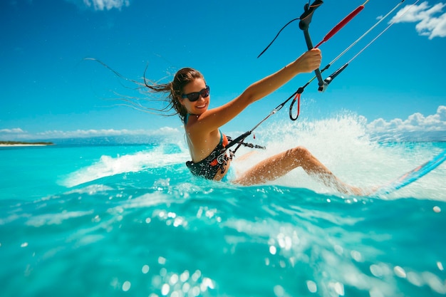 Beautiful young woman kitesurfing in the ocean