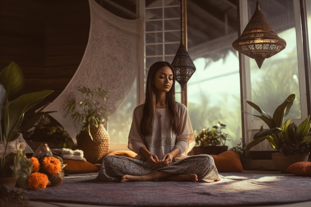 Beautiful young woman kundalini yoga in lotus pose in the boho style interior