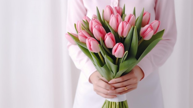 사진 아름다운 젊은 여성이 웃고 그녀의 손에 립의 꽃줄을 들고 봄 휴가 어머니 콩그라