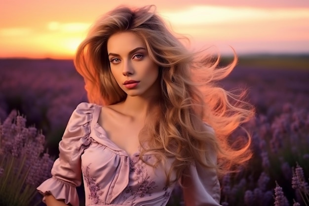 Beautiful young woman in lavender field at sunset