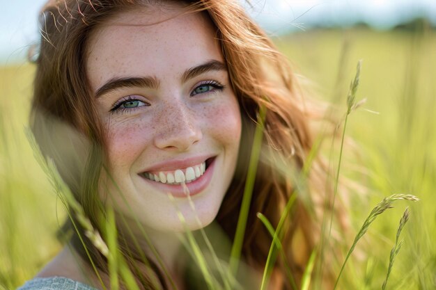 Красивая молодая женщина лежит на поле с высокой травой