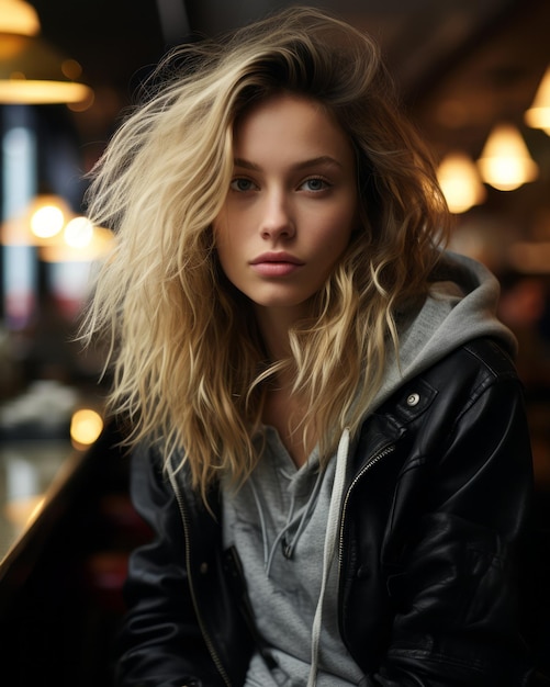 a beautiful young woman in a leather jacket sitting at a table