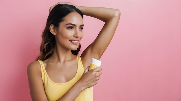 Beautiful young woman on light background concept of using deodorant