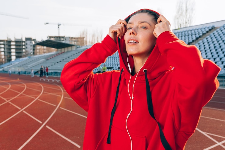 Photo ランニング・トラックに立って音楽を聴いている美しい若い女性
