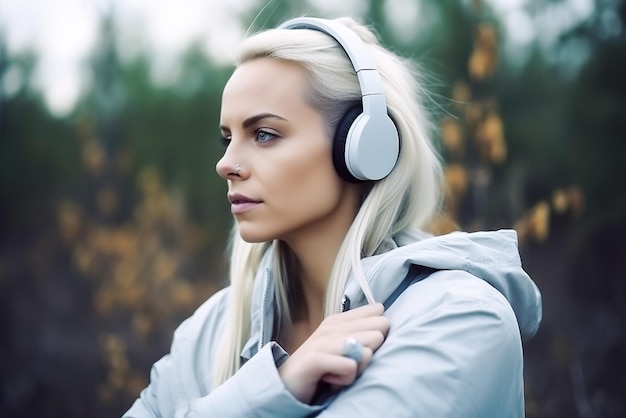 Beautiful young woman listening to music with headphones in the autumn forest Generative AI