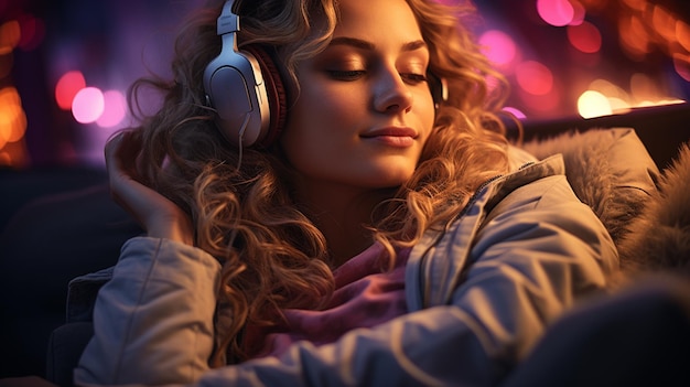 Beautiful young woman listening to musicgenerative ai
