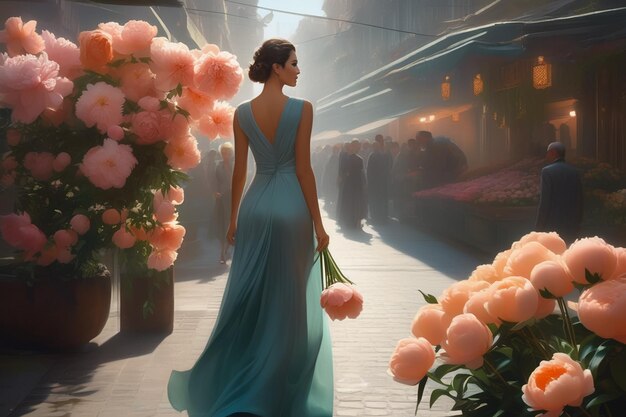 Beautiful young woman in long blue dress walking by street decorated with big peach peonies