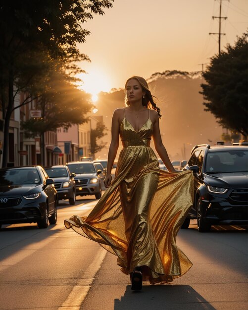 Beautiful young woman in a long yellow dress walking on the street at sunset ai generative