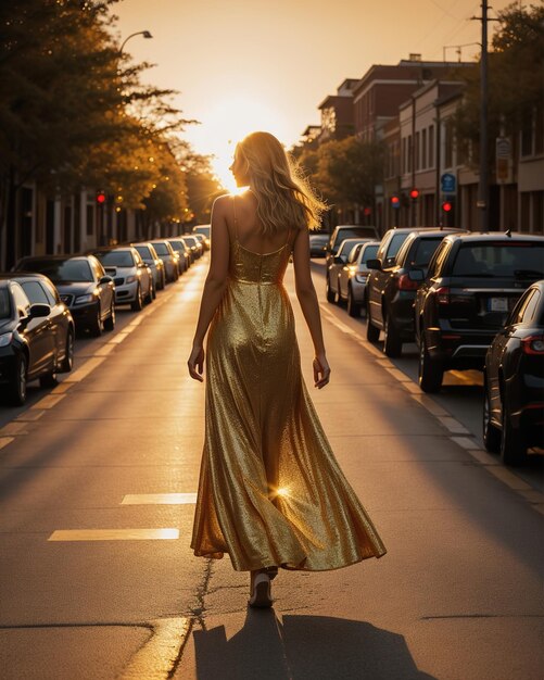 길고 노란색 드레스를 입은 아름다운 젊은 여성이 해가 지면 거리에서 고 있습니다.