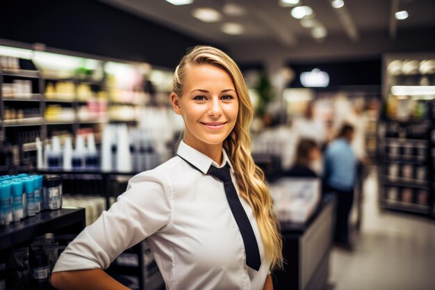 Foto bella giovane donna che guarda l'obbiettivo stando in piedi nel negozio di cosmetici