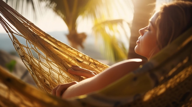 Красивая молодая женщина лежит в гамаке на заднем плане пляжа с пальмами