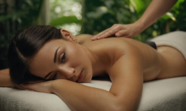 Beautiful young woman lying on massage bed in spa salon relaxing atmosphere flowers candles