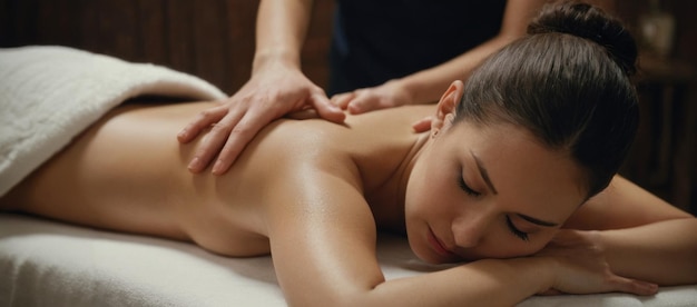 Beautiful young woman lying on massage bed in spa salon relaxing atmosphere flowers candles