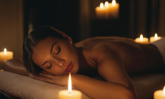 Photo beautiful young woman lying on massage bed in spa salon relaxing atmosphere flowers candles