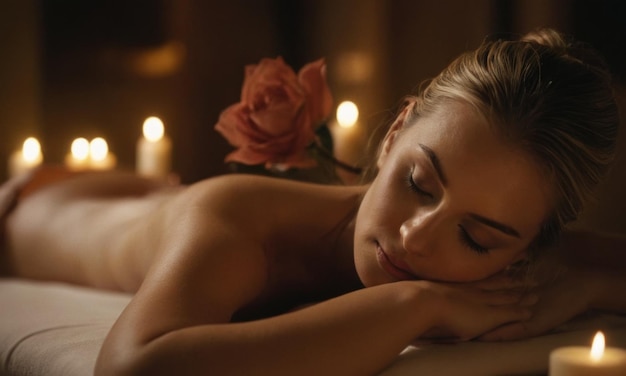 Красивая молодая женщина лежит на массажном постели в спа-салоне расслабляющая атмосфера цветы свечи