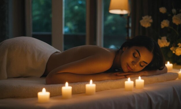 Photo beautiful young woman lying on massage bed in spa salon relaxing atmosphere flowers candles