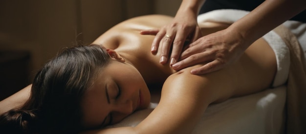 Beautiful young woman lying on massage bed in spa salon relaxing atmosphere flowers candles