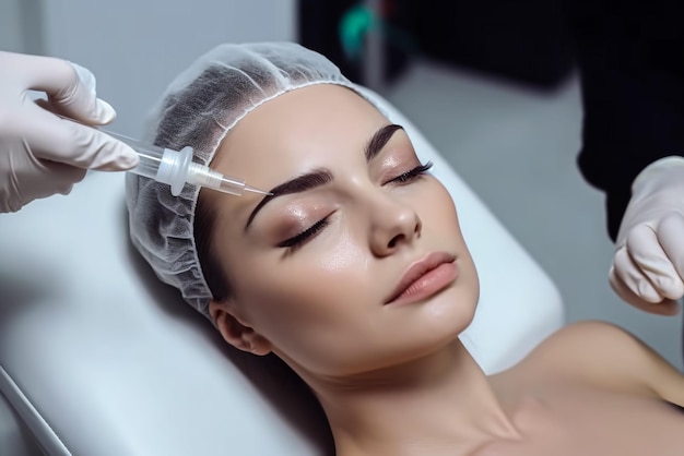 Beautiful young woman lying on a massage table while a cosmetologist is working Generative AI