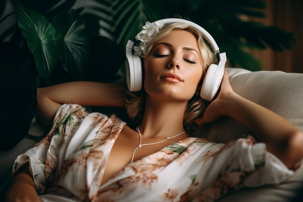 Beautiful young woman lying on sofa enjoying music on headphone