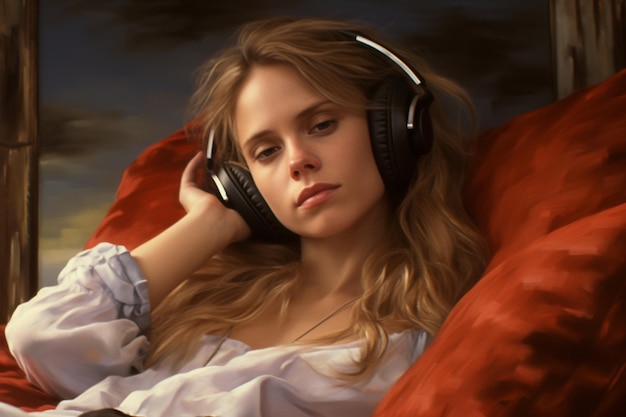 Beautiful young woman lying on sofa enjoying music on headphone