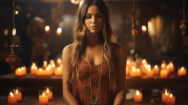 Красивая молодая женщина медитирует в позе лотоса перед горящими свечами