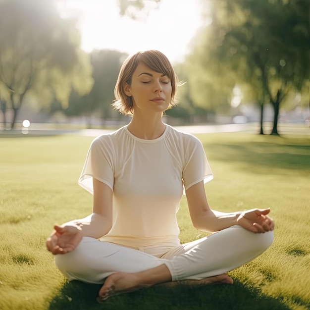 Beautiful young woman meditating in lotus position on green grass in park