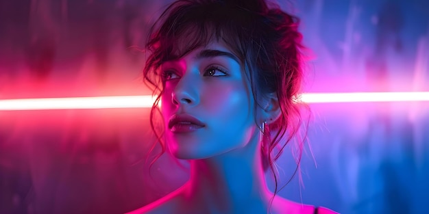 beautiful young woman in a neon light top centered professional photo copy space Concept Portrait Photography Neon Lights Copy Space Professional Photoshoot Beautiful Model