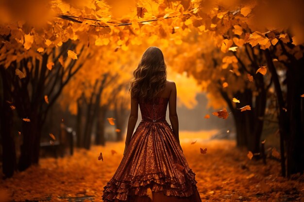 Beautiful young woman in an orange autumn park with falling leaves