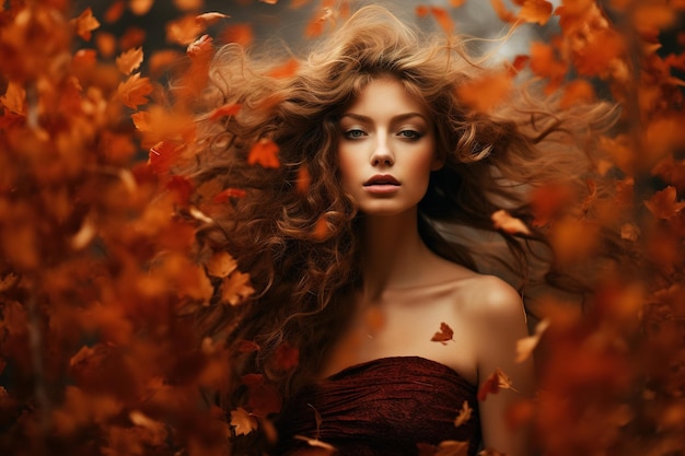 Beautiful young woman in an orange autumn park with falling leaves