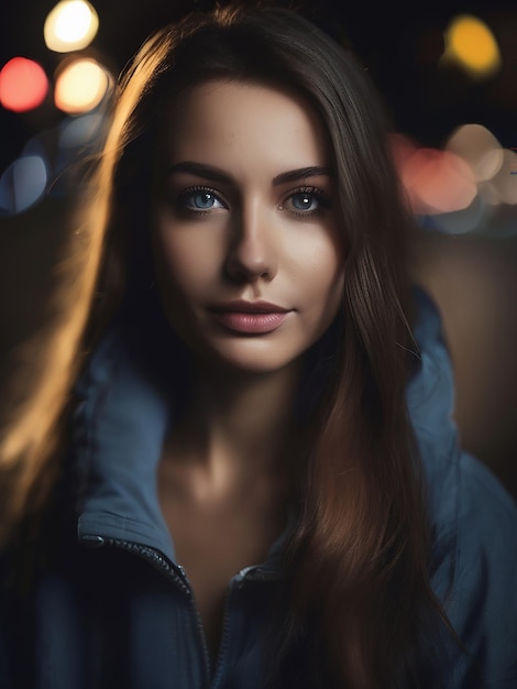 A beautiful young woman outdoors at night looking at camera