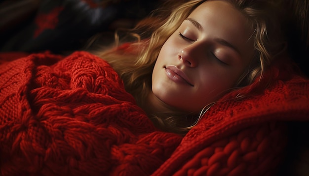 Beautiful young woman peacefully sleeping embraced by a warm and luxurious knitted blanket