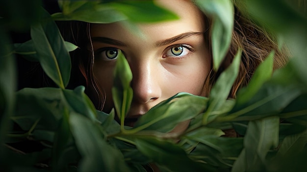 Beautiful young woman peering through green leaves ai generated