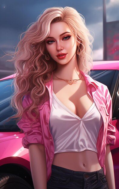 Beautiful young woman in pink dress and pink car anime doll style character