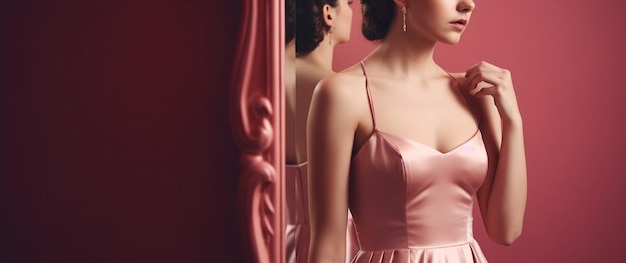 Beautiful young woman in pink nightgown looking in the mirrorgenerative ai