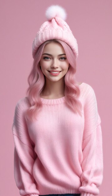 Beautiful young woman in pink sweater and hat on pink background