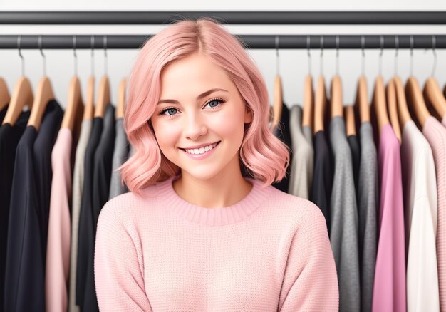 A beautiful young woman in a pink sweater near the rack with hangers in the wardrobe