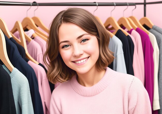 A beautiful young woman in a pink sweater near the rack with hangers in the wardrobe