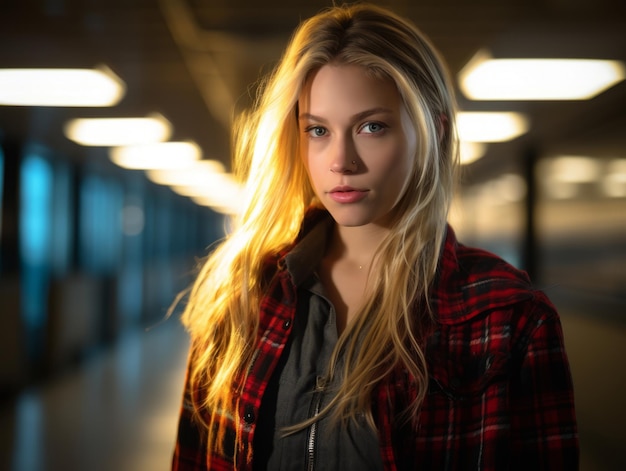 a beautiful young woman in a plaid shirt standing in an empty hallway