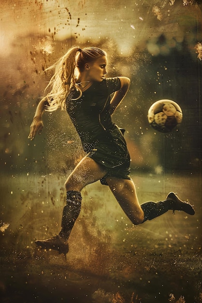 写真 サッカーをしている美しい若い女性