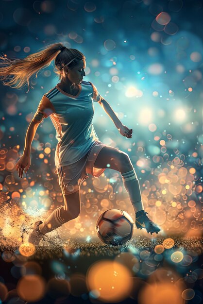 Beautiful young woman playing a game of soccer