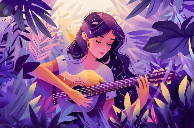 Beautiful young woman playing guitar in the autumn forest