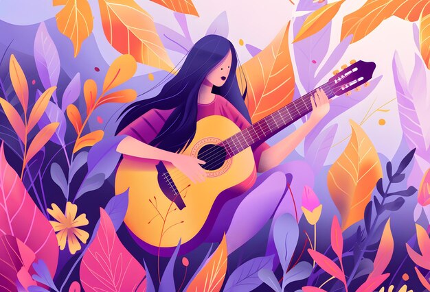 Photo beautiful young woman playing guitar in the autumn forest