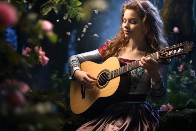 Foto bella giovane donna che suona la chitarra nella foresta