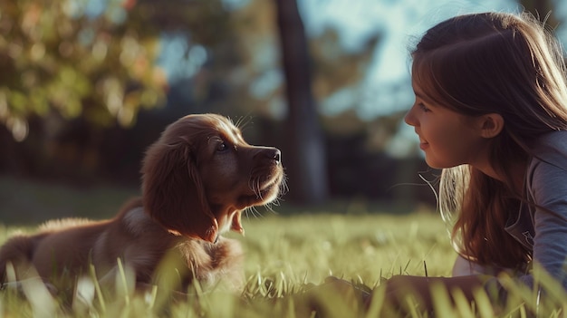 Beautiful young woman playing with her dog on the grass in the park