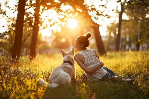 Beautiful young woman playing with her little dog in a park outdoors