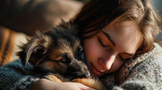 Photo beautiful young woman playing with a puppy
