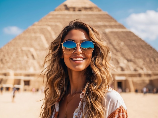 Beautiful young woman portrait with sunglasses and influencer look smiling in front of the egyptian pyramids in a sunny day travel and enjoy vacations concept