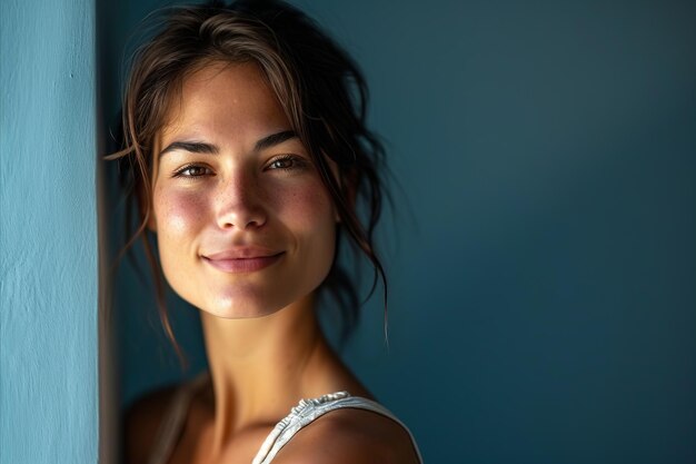 Beautiful young woman posing in front of a blue wall