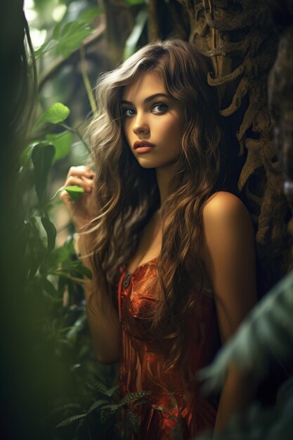 Прекрасная молодая женщина позирует в тропических джунглях.