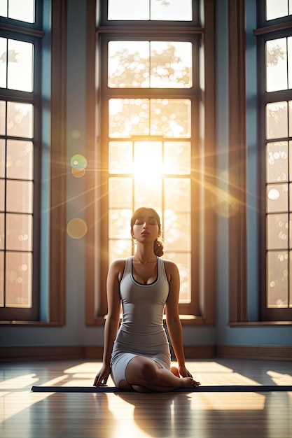 Beautiful young woman practicing yoga in a room with large windows